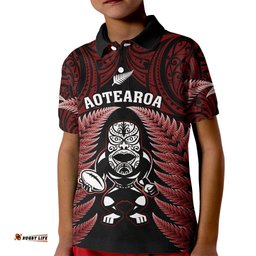 New Zealand Aotearoa Rugby Kid Polo Shirt NZ Tiki With Maori Fern World Cup Red Version
