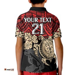 Custom Dolphins Rugby Kid Polo Shirt Reddy Hibiscus and Turtle With Polynesian Pattern