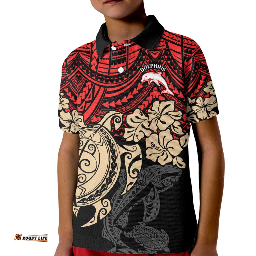 Custom Dolphins Rugby Kid Polo Shirt Reddy Hibiscus and Turtle With Polynesian Pattern