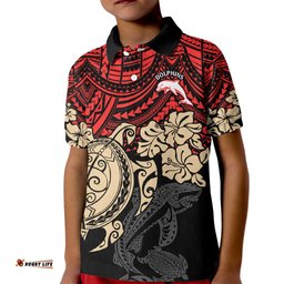 Custom Dolphins Rugby Kid Polo Shirt Reddy Hibiscus and Turtle With Polynesian Pattern