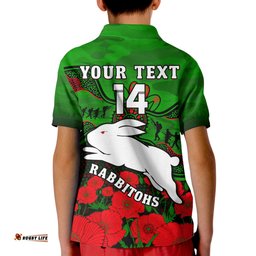 Custom Text And Number Rabbitohs Rugby ANZAC Polo Shirt KID South Sydney Camouflage Poppy Aboriginal
