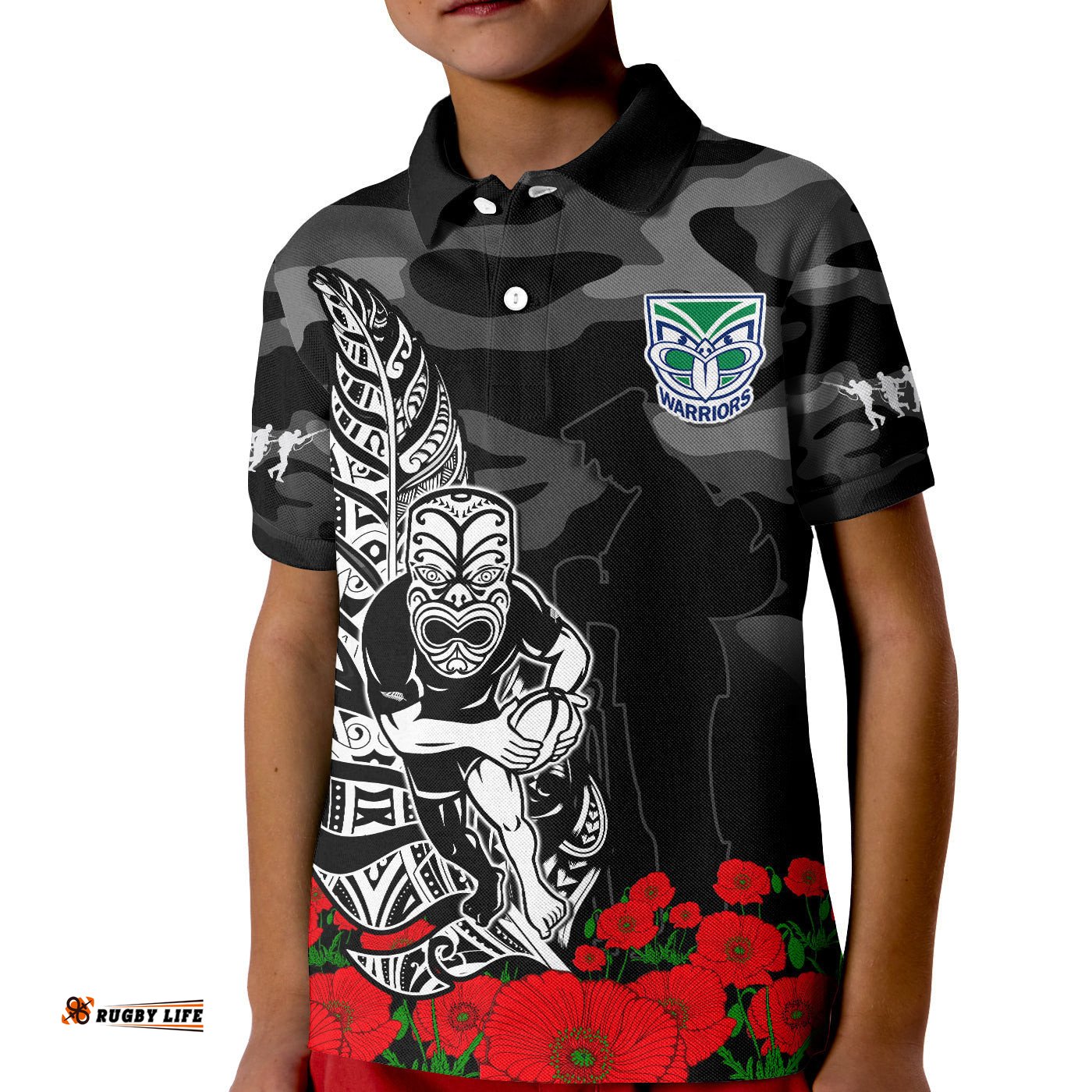 Custom Text And Number Warriors ANZACPolo Shirt KID NZ Fern Camouflage Poppy Mix Aboriginal