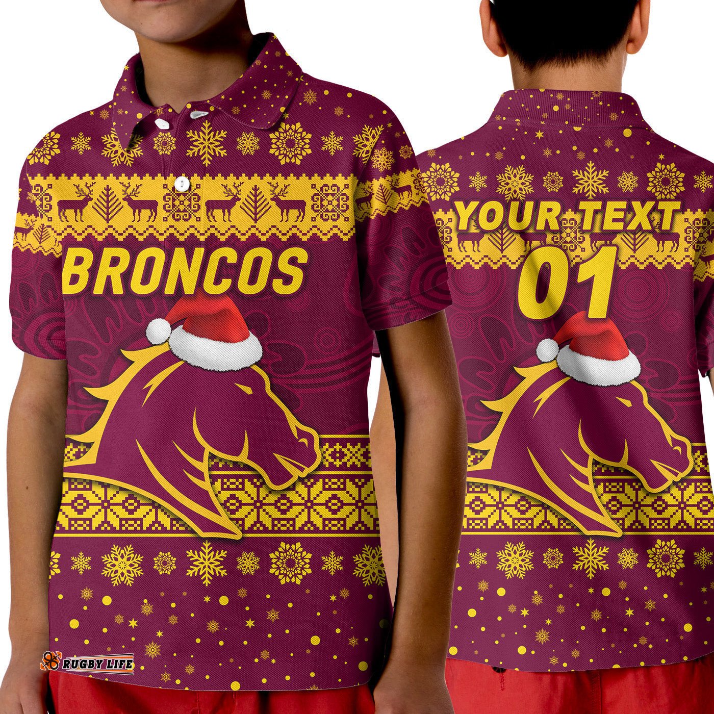 Custom Personalised Brisbane Broncos Polo Shirt KID Christmas Simple Style - Maroon