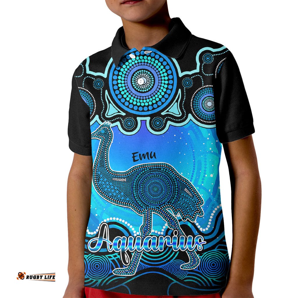 Personalised Australia Aquarius Emu Zodiac Kid Polo Shirt Auz Astrology Aboriginal - Aqua