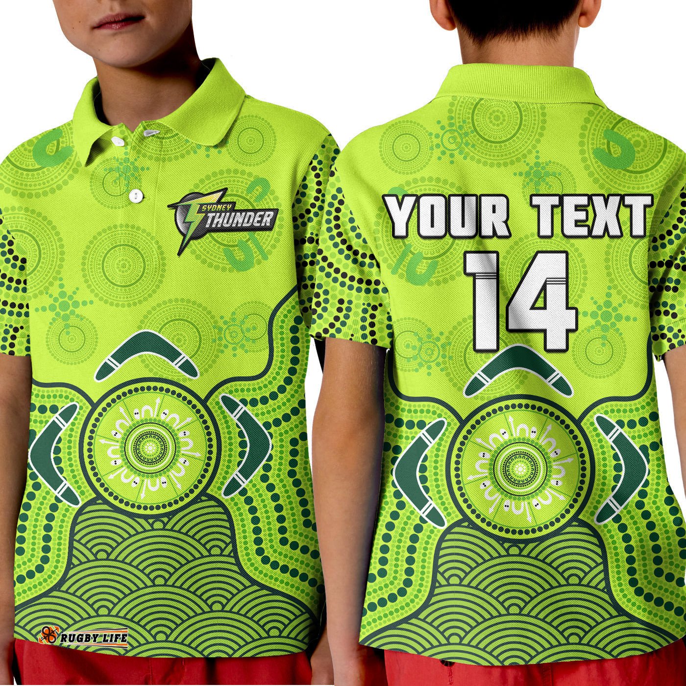 Custom Text And Number Thunder Cricket Polo Shirt KID Sydney Indigenous Artsy