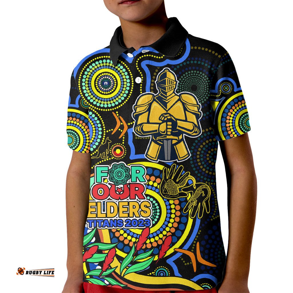 Custom Titans Rugby Aboriginal Art Kid Polo Shirt NAIDOC Indigenous Tribal