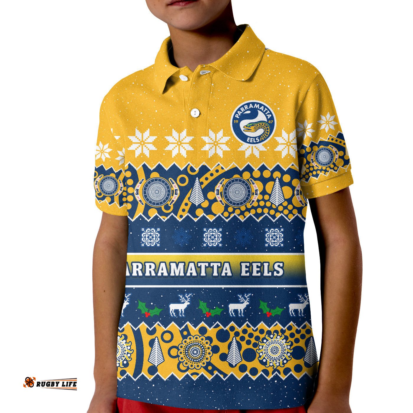 Parramatta Eels Christmas Polo Shirt KID Parra Aboriginal Art Merry Xmas