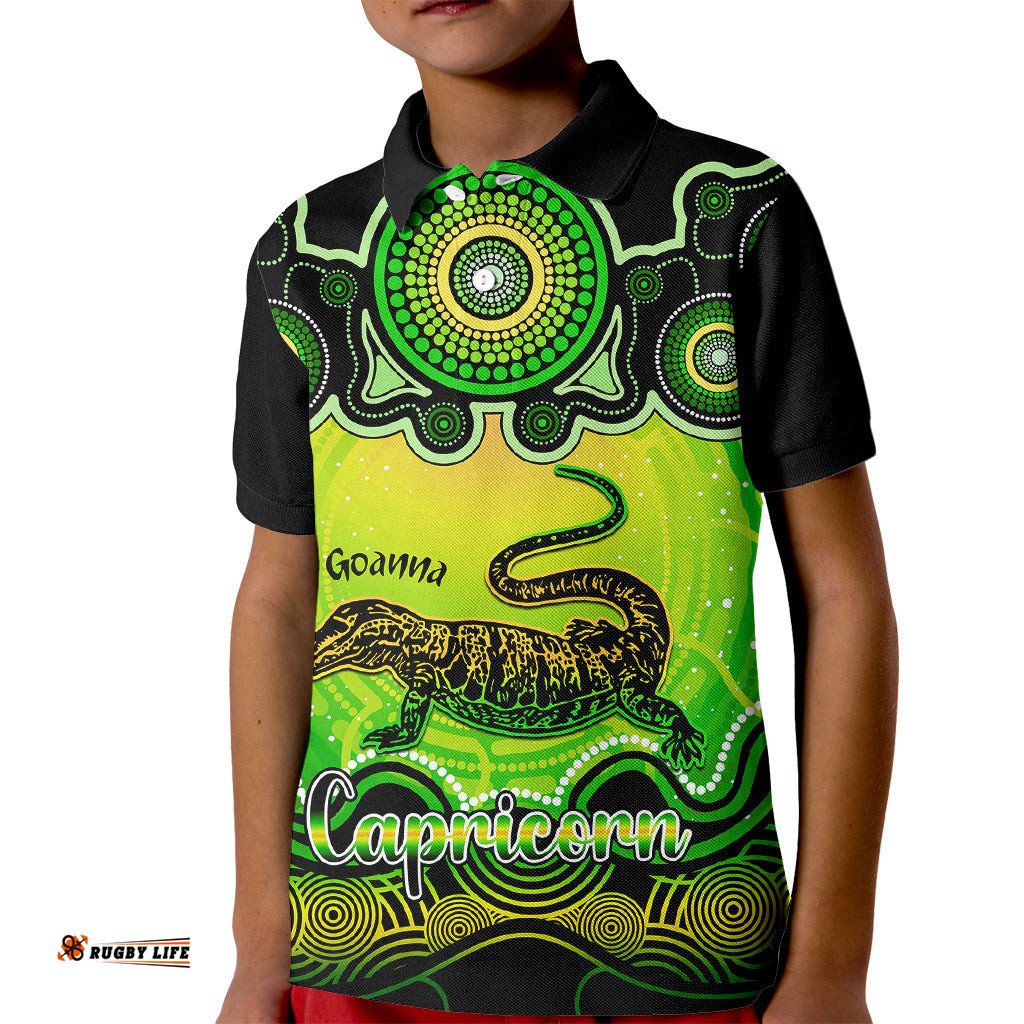 Personalised Australia Capricorn Goanna Zodiac Kid Polo Shirt Auz Astrology Aboriginal - Green