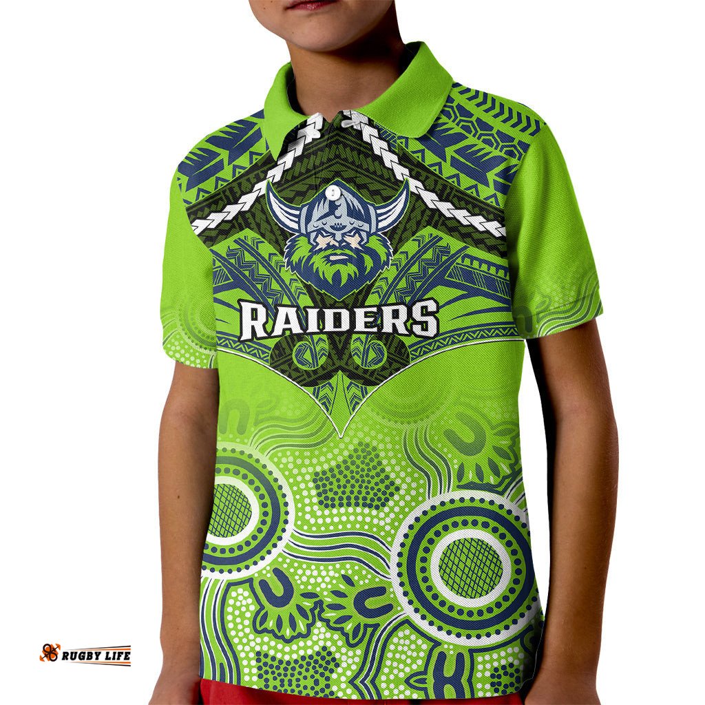 Personalised Raiders Rugby Kid Polo Shirt Canberra 1981 Aboriginal Mix Polynesian Pattern