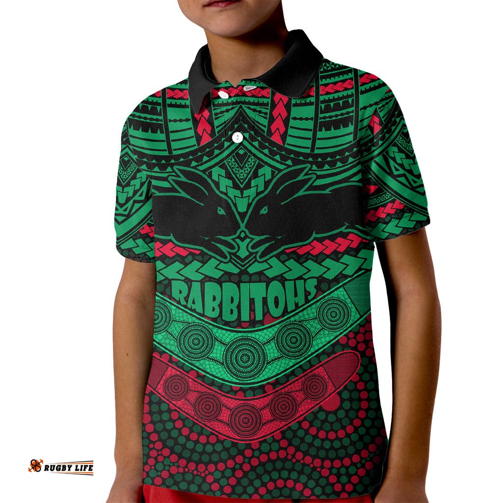 Custom Rabbitohs Rugby Kid Polo Shirt Polynesian and Aboriginal Special Version