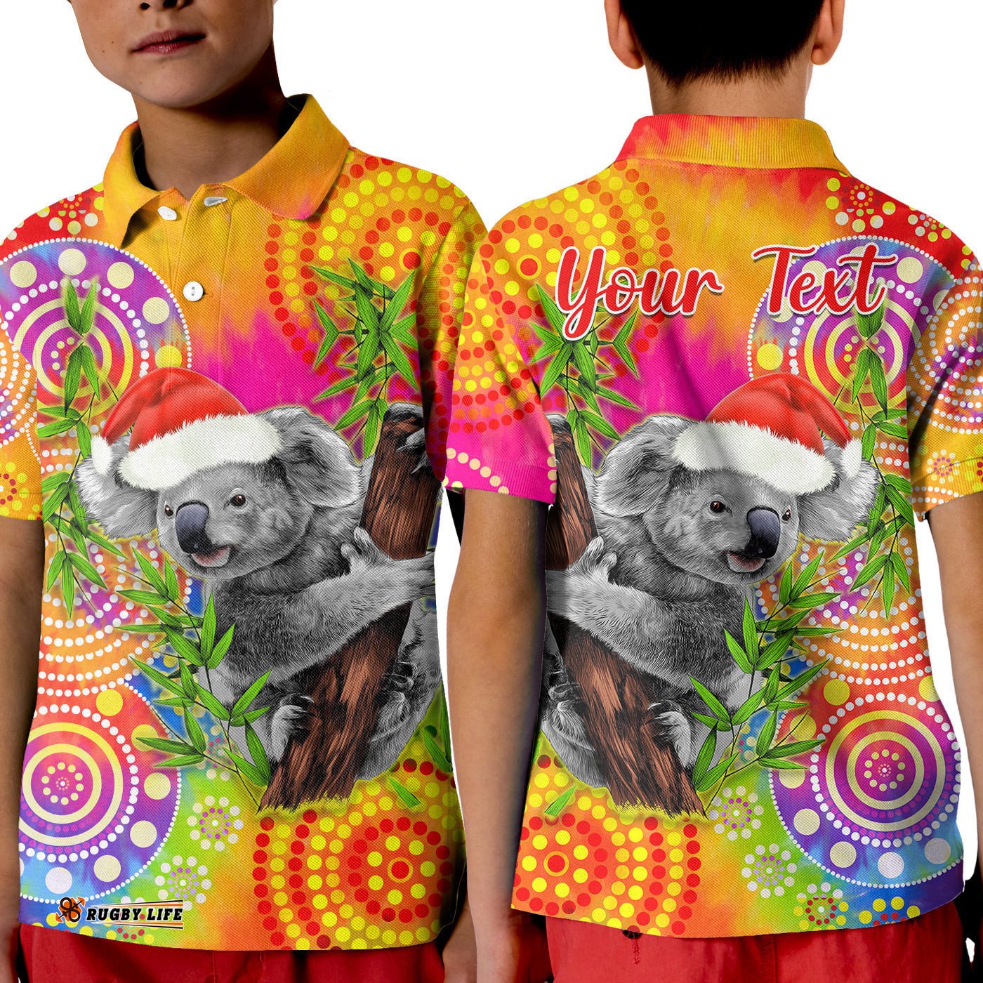 Custom Personalised Australia Koala Aboriginal Polo Shirt KID Rainbow Tie Dye Merry Christmas