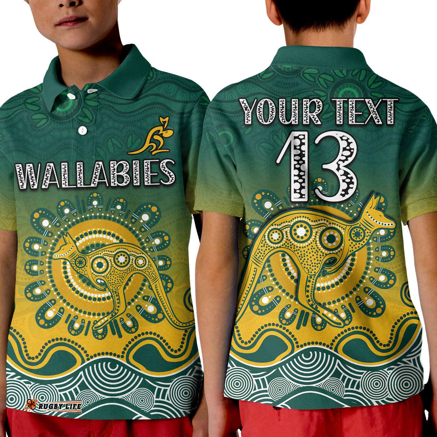 Custom Text and Number Wallabies Rugby Australia Polo Shirt KID Aboriginal