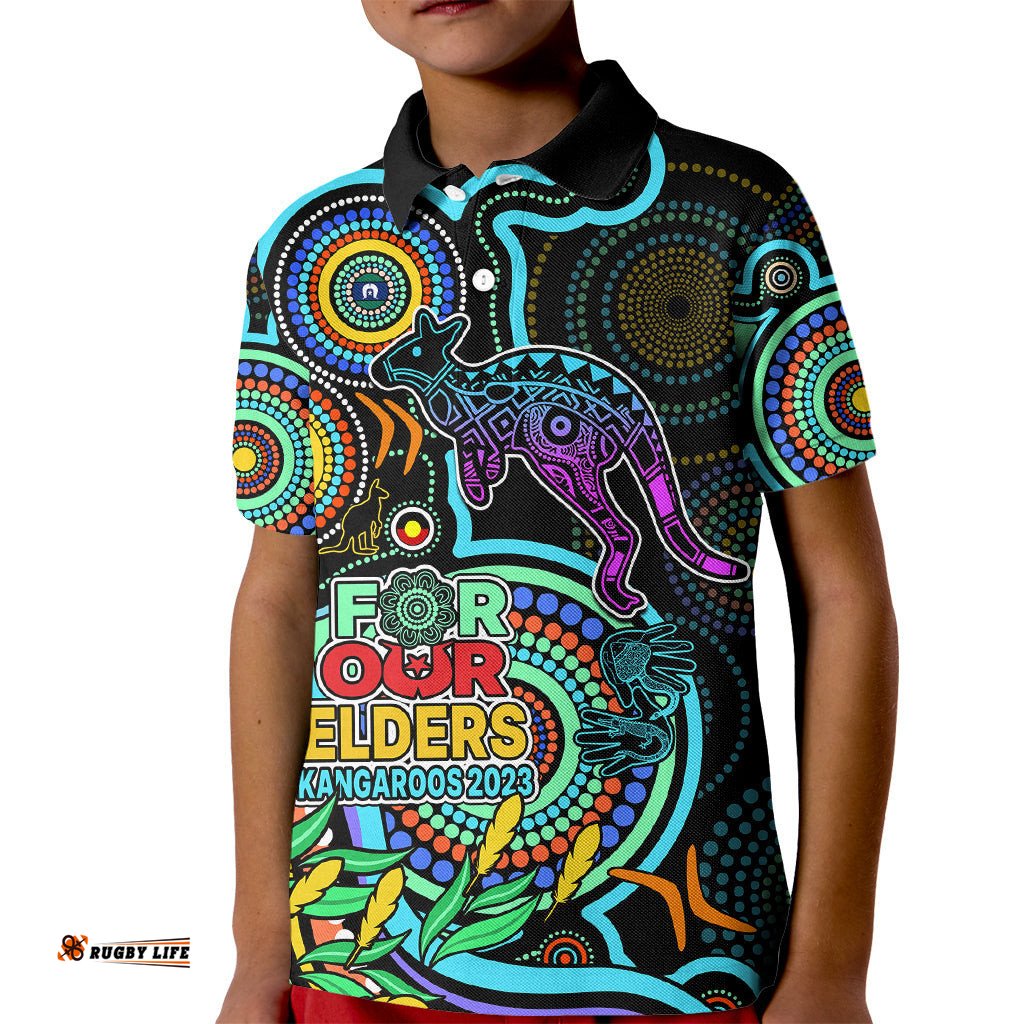 Kangaroos Football Aboriginal Art Kid Polo Shirt NAIDOC Indigenous Tribal