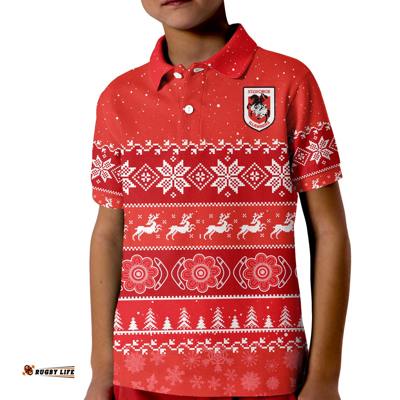 Dragons Rugby Polo Shirt KID Indigenous St George Illawarra Merry Christmas