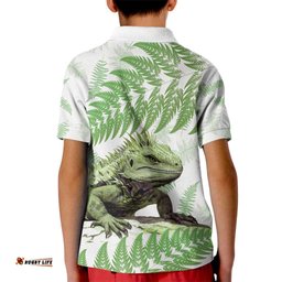 Green New Zealand Tuatara Kid Polo Shirt Aotearoa Sphenodon Punctatus Silver Fern