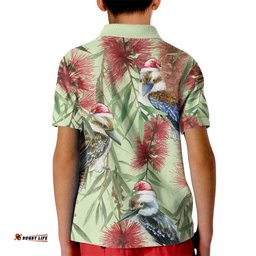 Australia Christmas Kid Polo Shirt Kookaburra Santa on Callistemon - Pastel