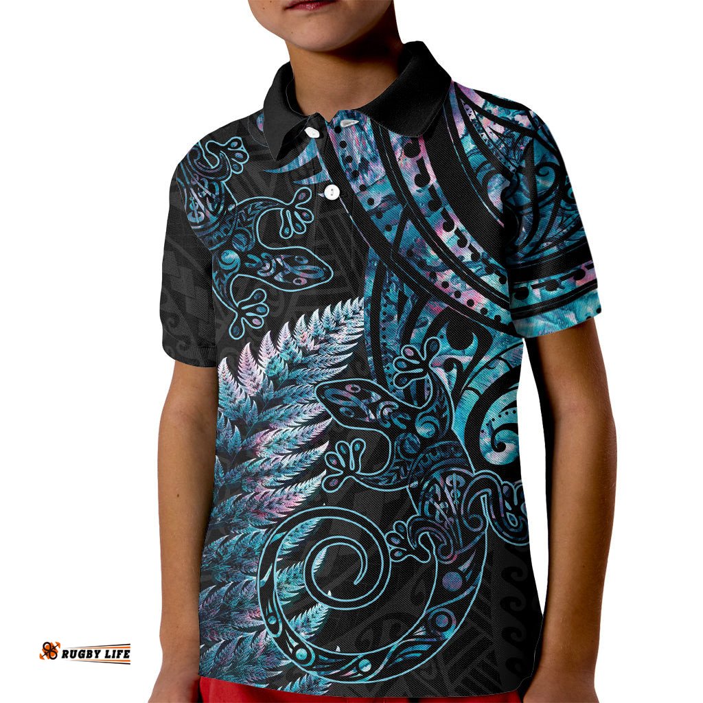 New Zealand Lizard Kid Polo Shirt Silver Fern Aotearoa Maori With Paua Shell