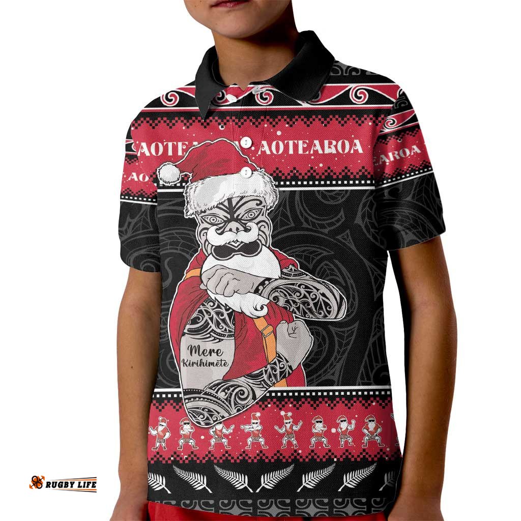 New Zealand Santa Tiki Christmas Kid Polo Shirt Meri Kirihimete