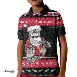 New Zealand Santa Tiki Christmas Kid Polo Shirt Meri Kirihimete
