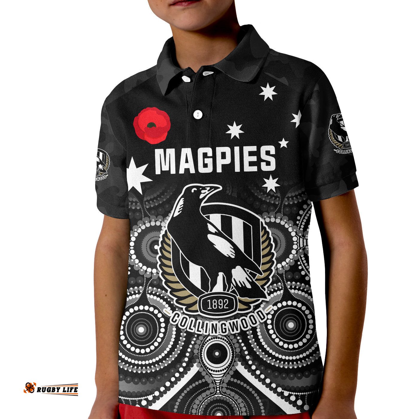 Magpies Football ANZAC Day Polo Shirt KID Aboriginal Poppy Flowers