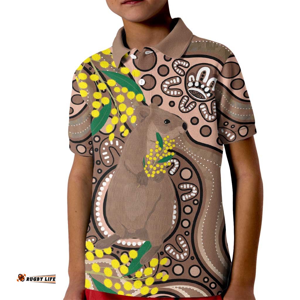 Australia Cute Quokka Kid Polo Shirt Indigenous Art With Golden Wattle