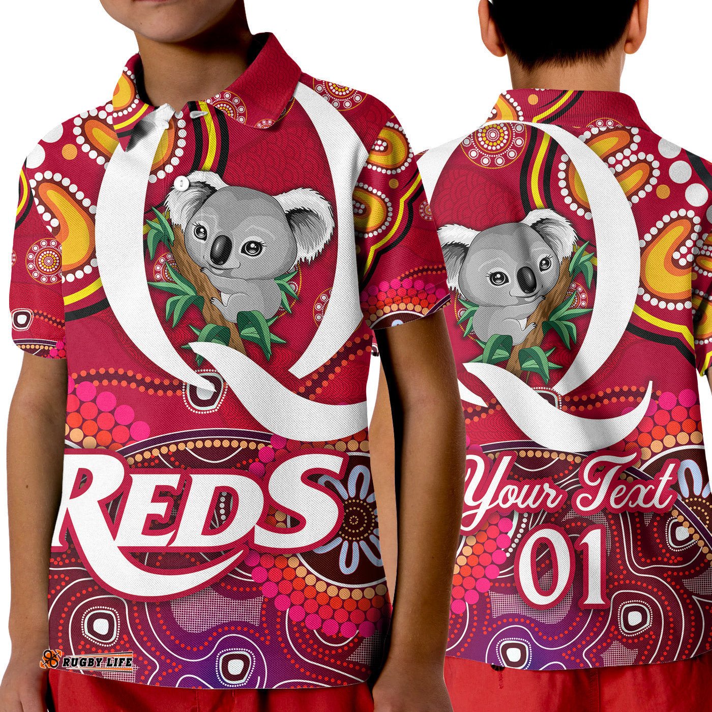 Custom Personalised Queensland Reds Aboriginal Polo Shirt KID Koala Indigenous Vibes