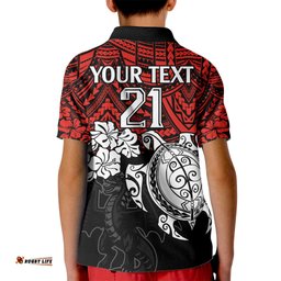 Custom Dragons Rugby Kid Polo Shirt Red V Hibiscus and Turtle With Polynesian Pattern