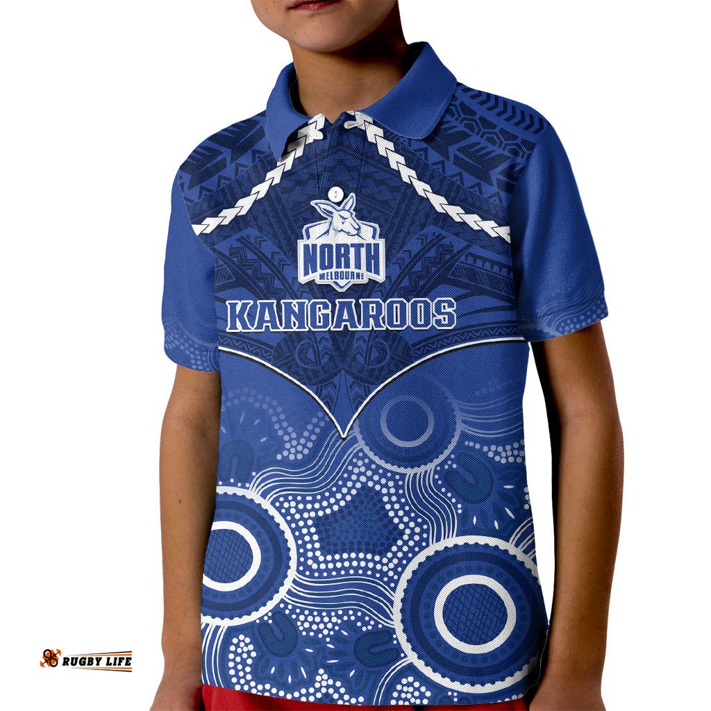 Personalised North Melbourne Football Kid Polo Shirt Kangaroos Aboriginal Mix Polynesian Pattern