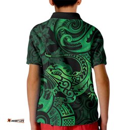 New Zealand Tuatara Kid Polo Shirt Aotearoa Maori Clematis Flowers - Green