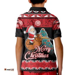 New Zealand Christmas Kid Polo Shirt Funny Santa Riding Kiwi Meri Kirihimete