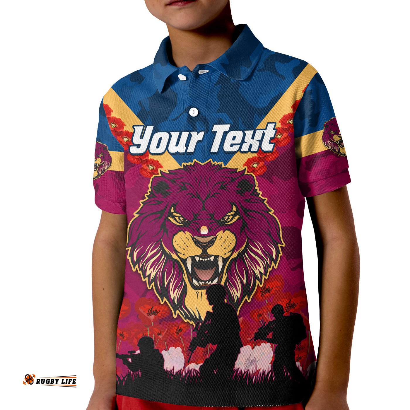 Custom Personalised Lions AnzacPolo Shirt KID Brisbane Brissie Poppy Flowers