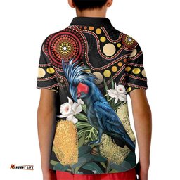 Australia Palm Cockatoo Kid Polo Shirt Aussie Banksia - Aboriginal Pattern