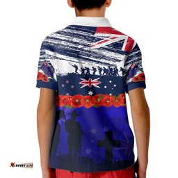 New Zealand and Australia ANZAC Day Kid Polo Shirt Lest We Forget Red Poppy Flowers and Soldier
