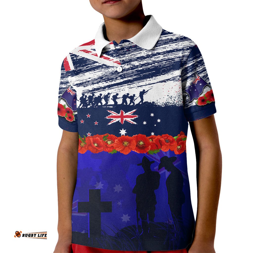 New Zealand and Australia ANZAC Day Kid Polo Shirt Lest We Forget Red Poppy Flowers and Soldier