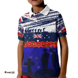 New Zealand and Australia ANZAC Day Kid Polo Shirt Lest We Forget Red Poppy Flowers and Soldier