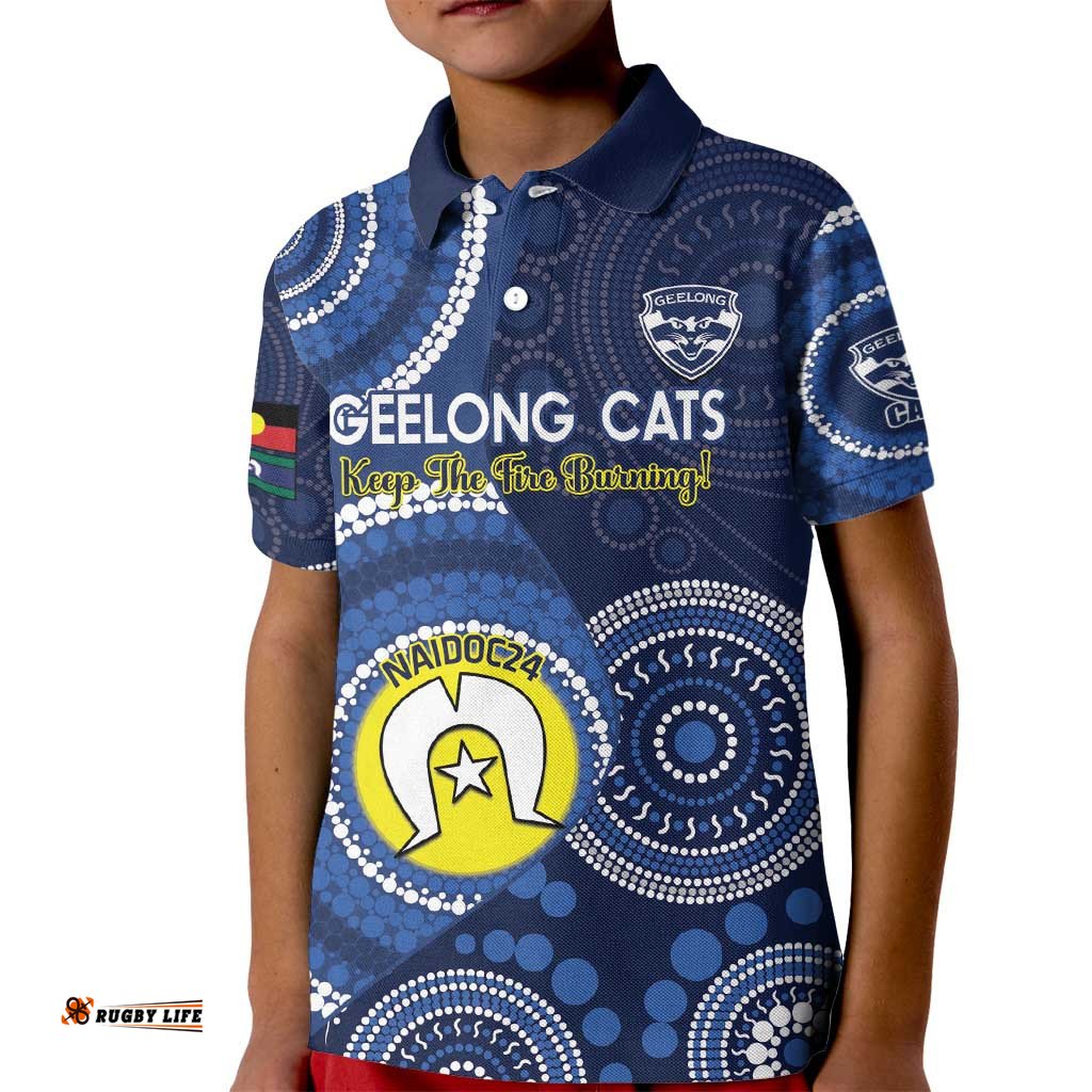 Custom AFL Geelong NAIDOC Week Kid Polo Shirt Keep The Fire Burning Indigenous Art