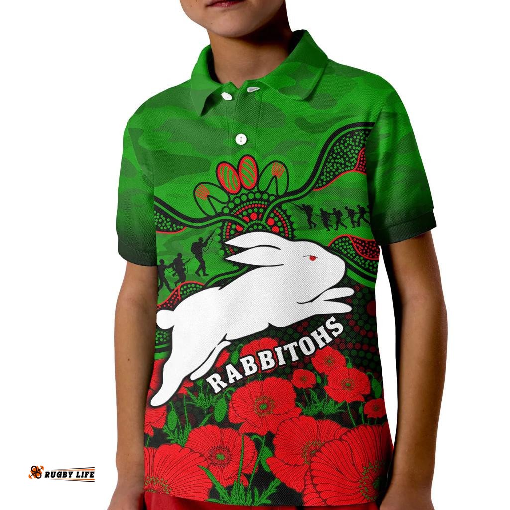 Rabbitohs Rugby ANZAC Polo Shirt KID South Sydney Camouflage Poppy Aboriginal