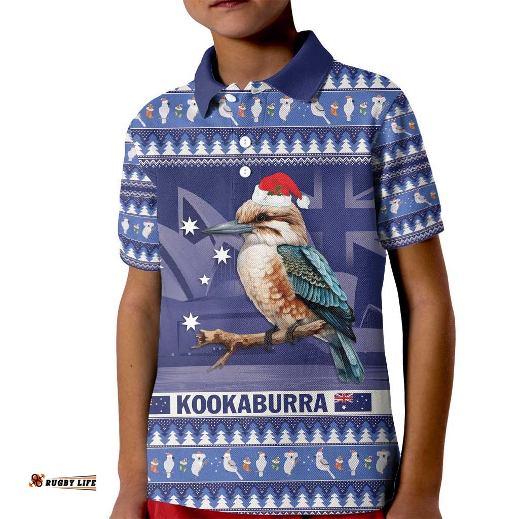 Aussie Kookaburra Kid Polo Shirt Merry Christmas Blue Style