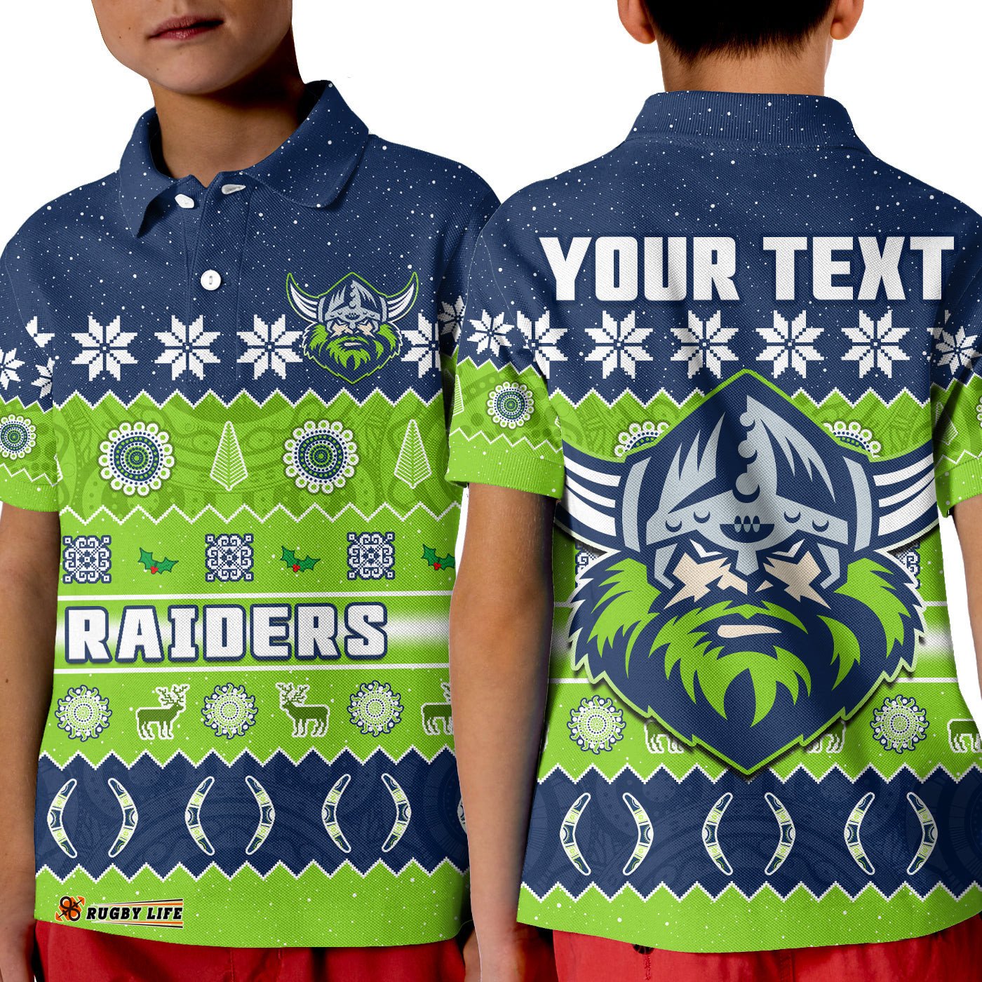 Custom Personalised Raiders Christmas Polo Shirt KID The Green Machine Aboriginal Art Merry Xmas