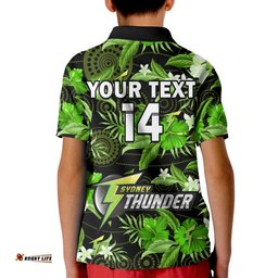 Custom Text And Number Sydney Thunder Cricket Polo Shirt KID Aboriginal Art Mix Tropical Flowers