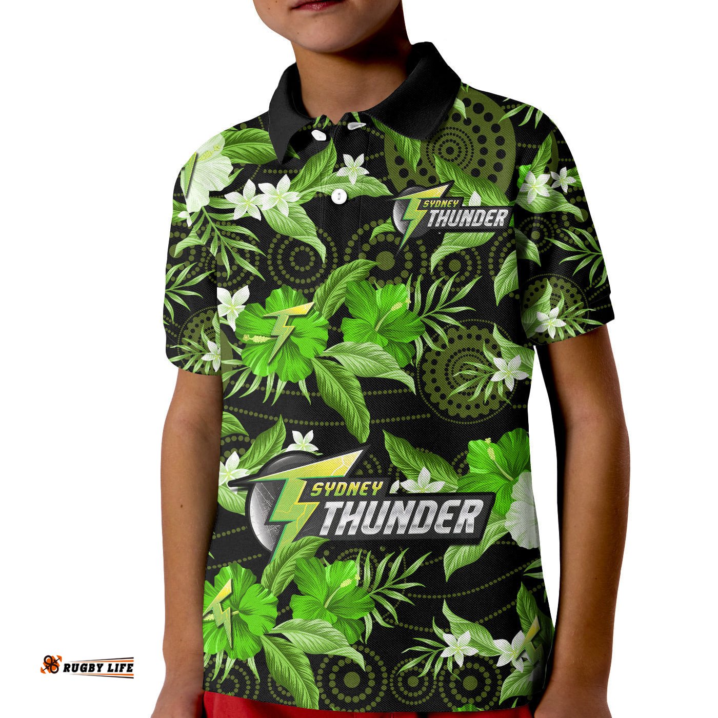 Custom Text And Number Sydney Thunder Cricket Polo Shirt KID Aboriginal Art Mix Tropical Flowers
