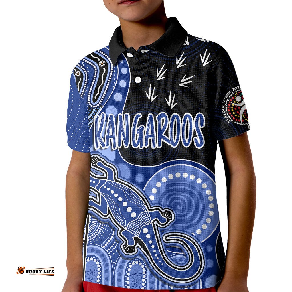 Personalised NAIDOC WeekAFL Kangaroos Kid Polo Shirt Aboriginal Dot Art Lizard Mix Boomerang
