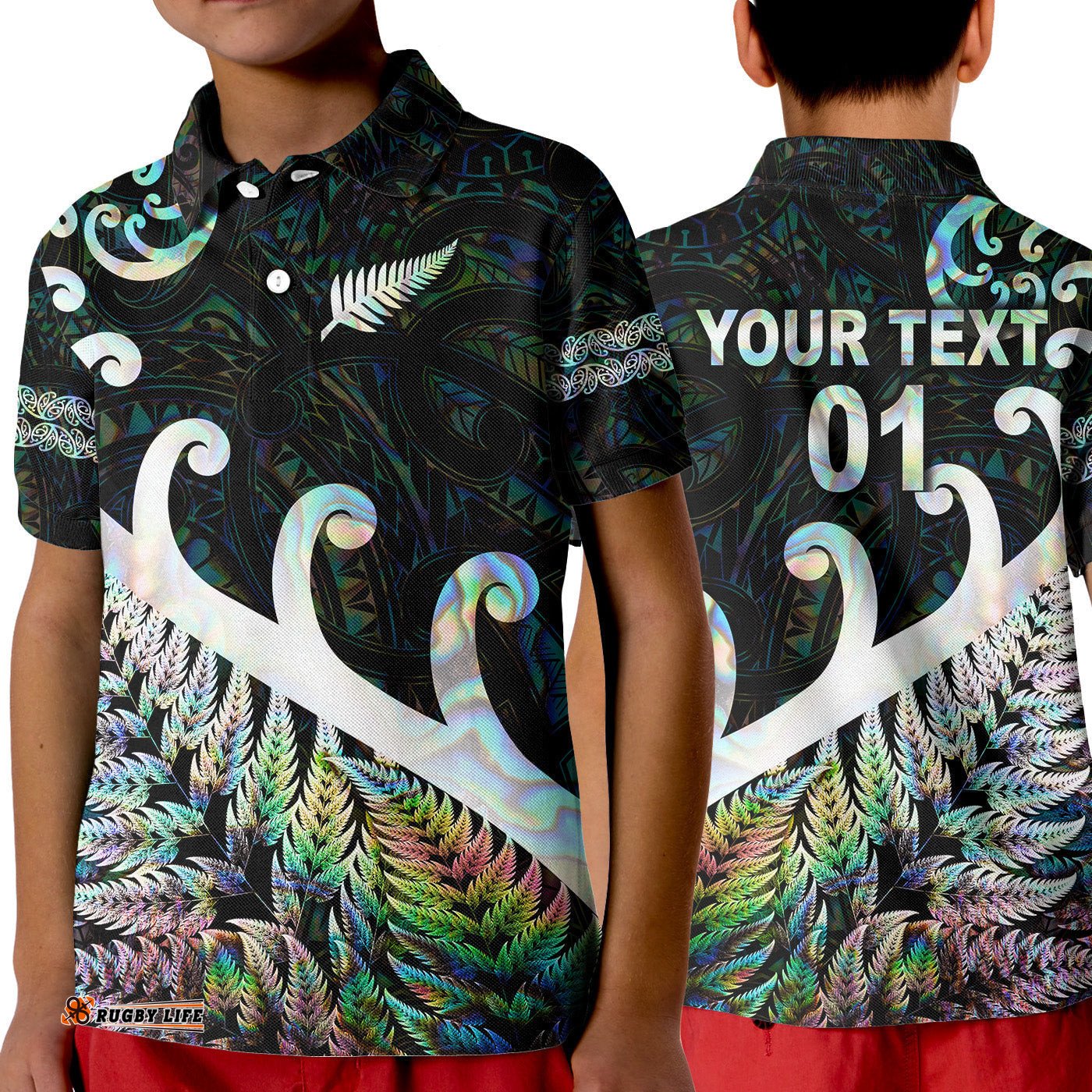 Custom Personalised New Zealand Rugby Maori Polo Shirt KID Silver Fern Koru Vibes - Paua Shell