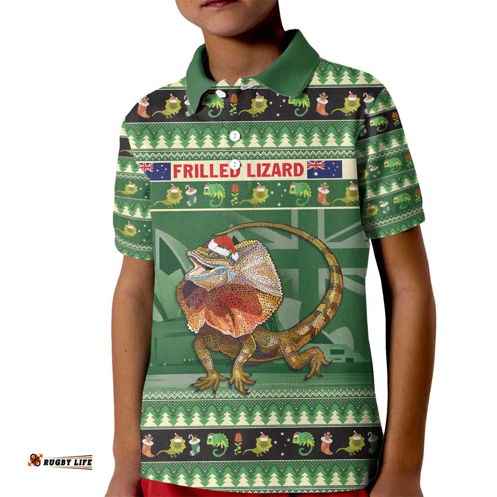Aussie Frilled Lizard Kid Polo Shirt Merry Christmas