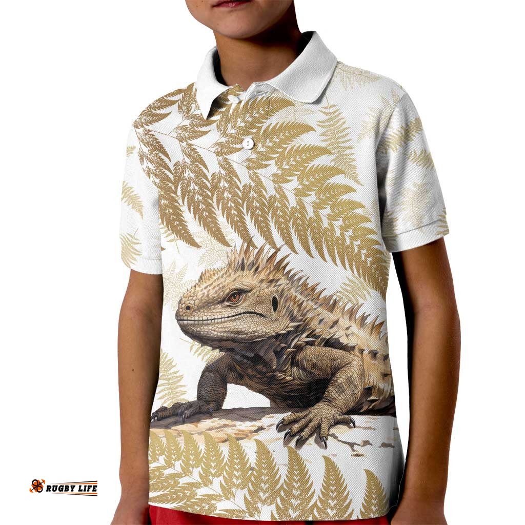 Gold New Zealand Tuatara Kid Polo Shirt Aotearoa Sphenodon Punctatus Silver Fern