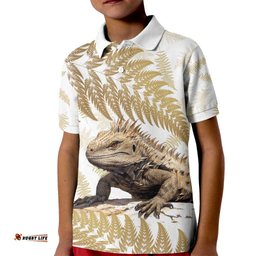 Gold New Zealand Tuatara Kid Polo Shirt Aotearoa Sphenodon Punctatus Silver Fern