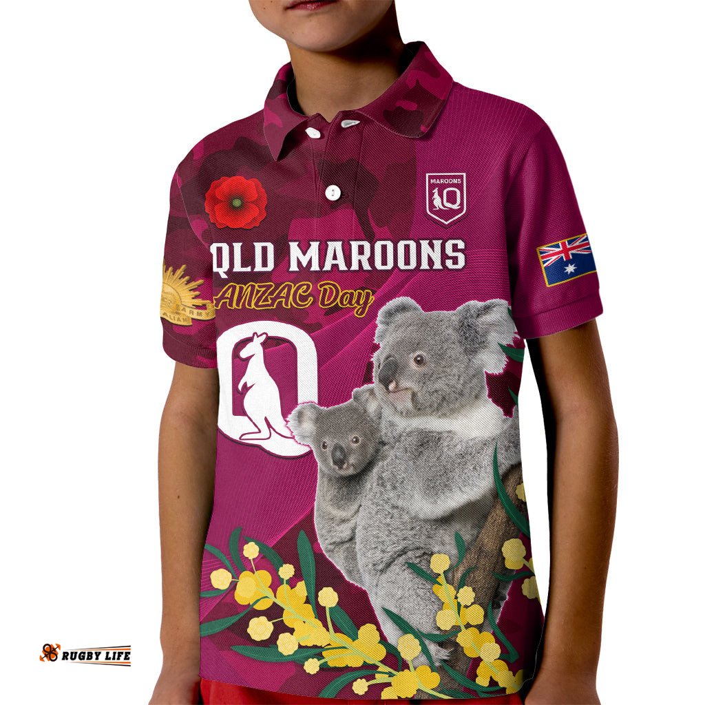 Custom QLD Maroons ANZAC Day Kid Polo Shirt Australian Koala Mix Camouflage