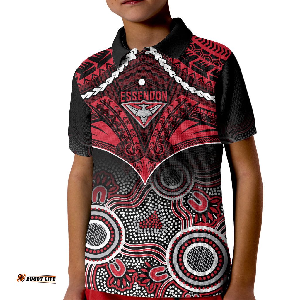 Essendon Football Kid Polo Shirt Bombers Aboriginal Mix Polynesian Pattern