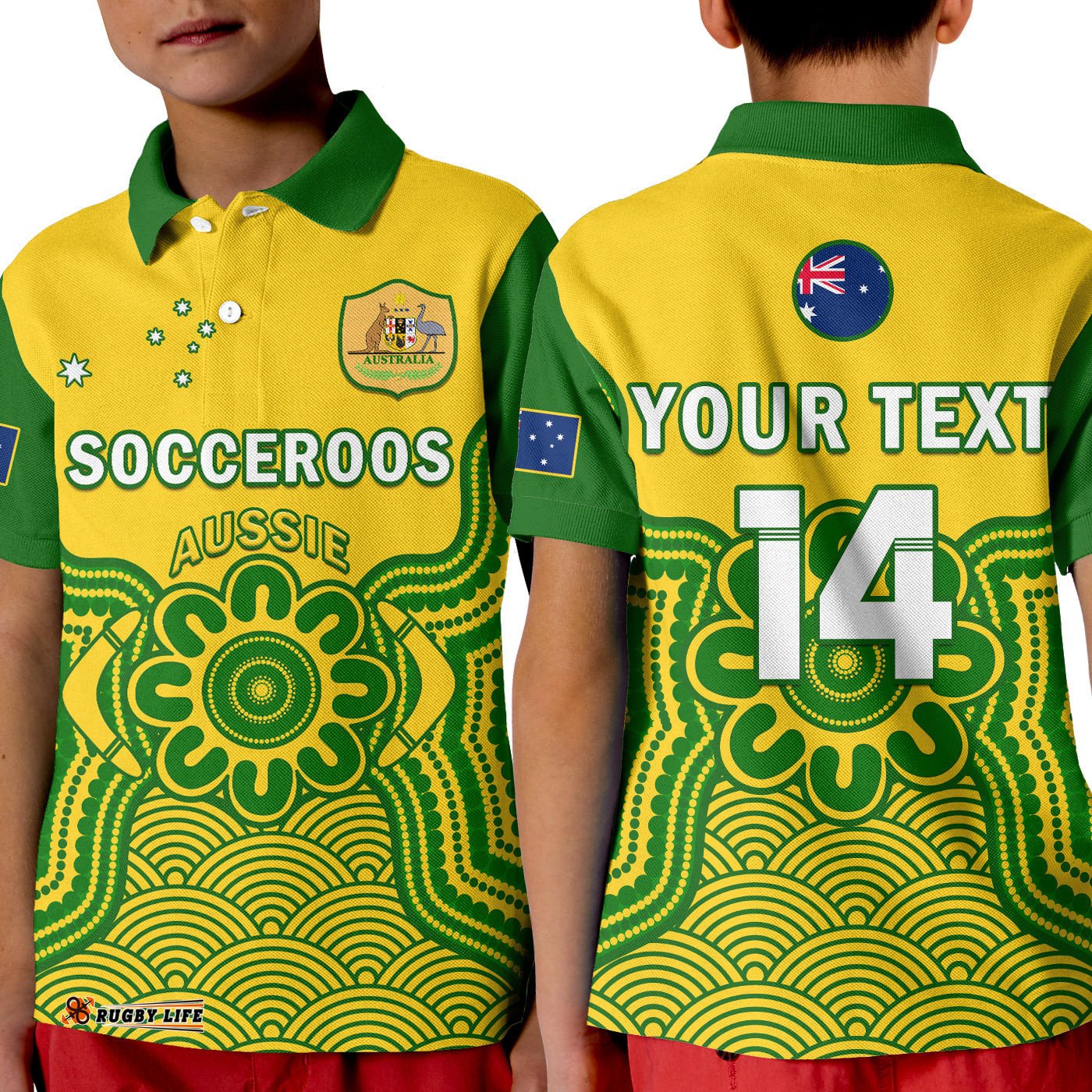 Custom Text And Number Australia Soccer Polo Shirt KID Socceroos Aboriginal Go Champions World Cup-