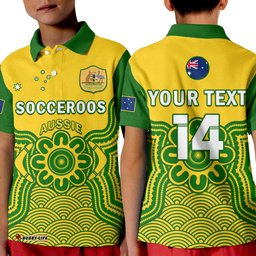 Custom Text And Number Australia Soccer Polo Shirt KID Socceroos Aboriginal Go Champions World Cup-